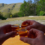 Rakija po górach smakuje najlepiej Toast rakiją po przejściu szlaku przez pasmo Galičica