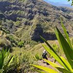 Strome zejście górskim szlakiem wśród agaw i tarasowych zboczy podczas trekkingu na Santo Antão 