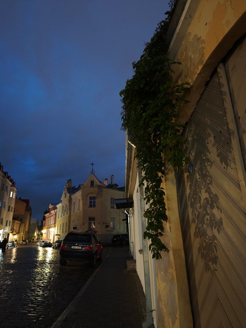 Mokra brukowana ulica Starego Miasta w Tallinnie wieczorem po deszczu