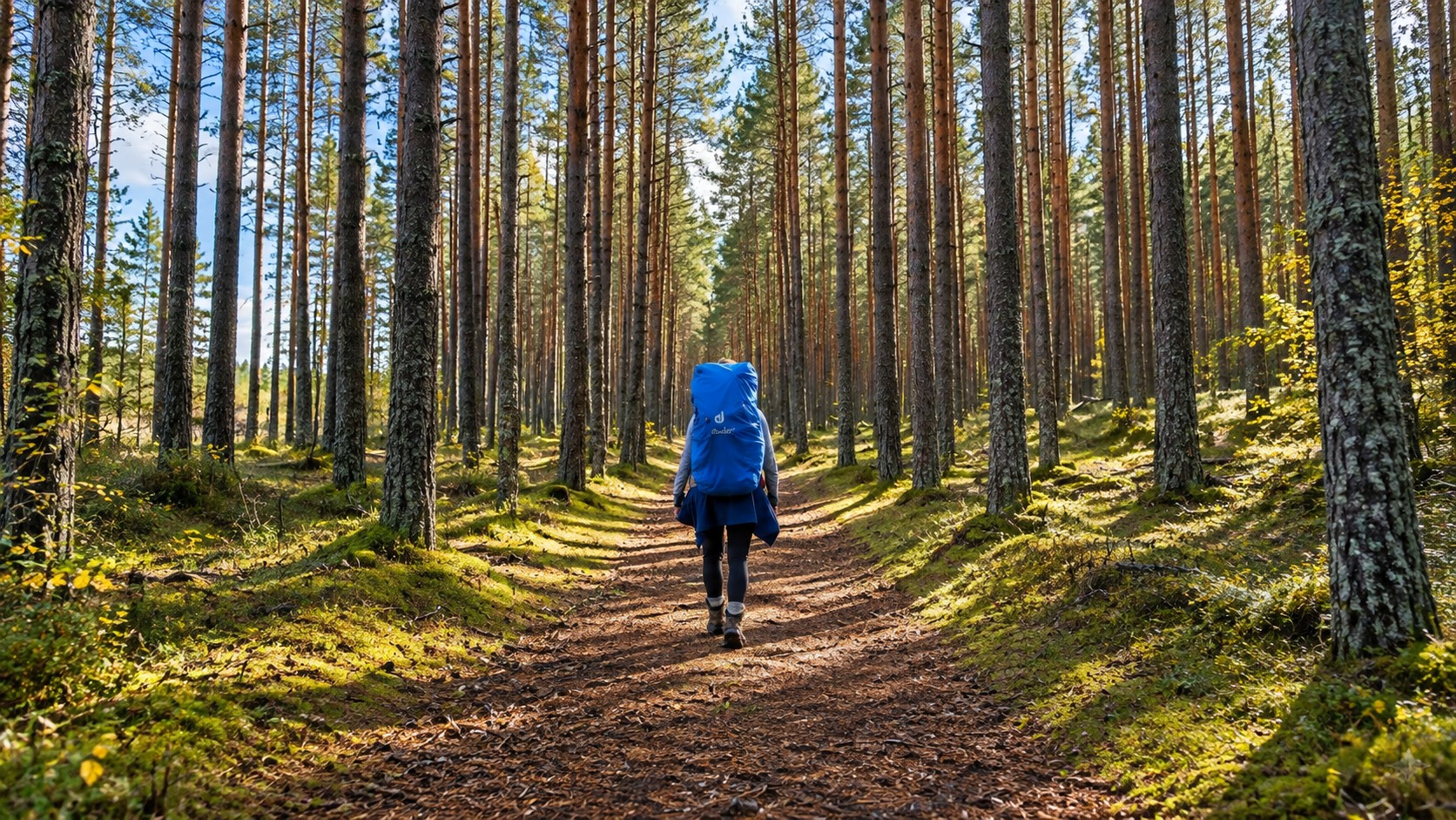 Turysta z plecakiem idący leśnym szlakiem podczas trekkingu w Estonii